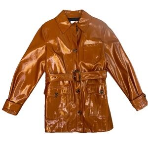 Top shop Brown Faux Leather Jacket Sz 4 Sm Bomber VTG Y2K Belted Button Army Coa